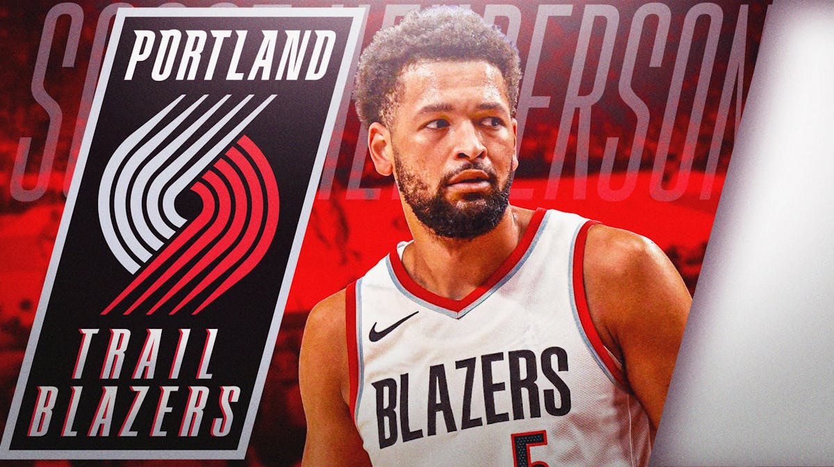 Portland Trail Blazers guard Skylar Mays on the right with the Blazers logo in the background.