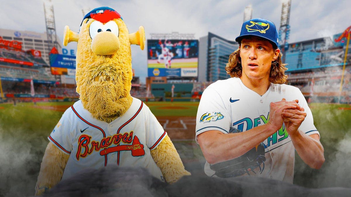 Braves mascot and Tyler Glasnow of the Rays