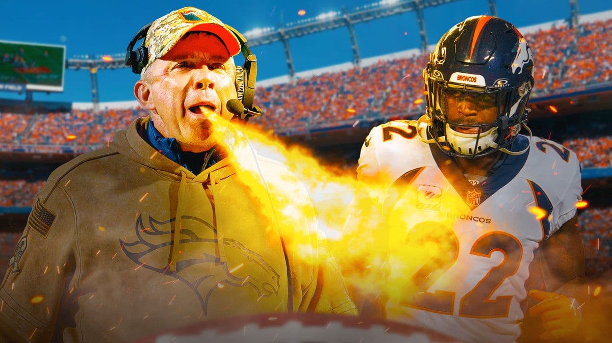 Denver Broncos coach Sean Payton yelling with fire coming out of his mouth and image of Broncos CB Kareem Jackson