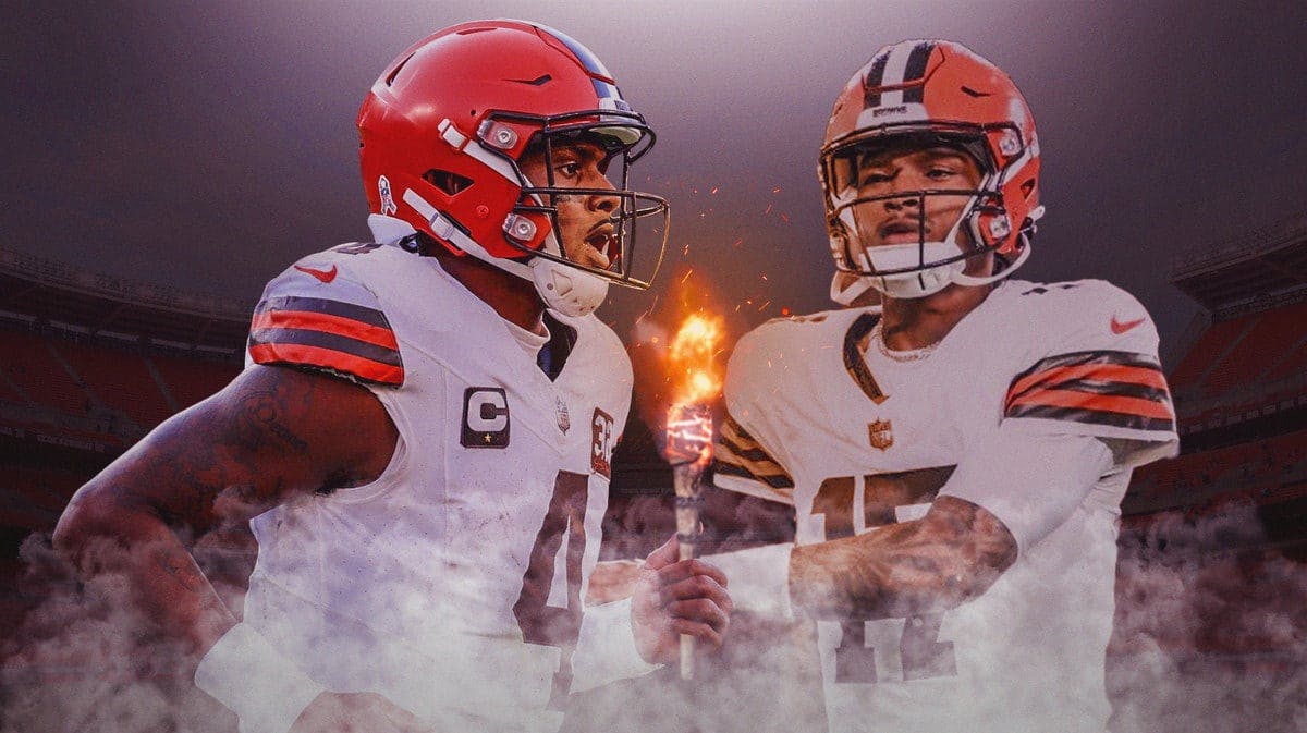 Photo: Deshaun Watson in Browns jersey passing the torch to Dorian Thompson-Robinson in Browns jersey