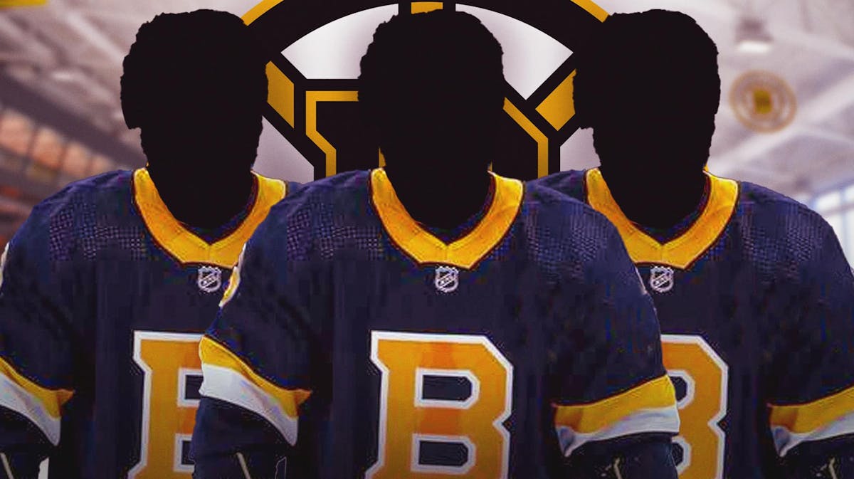 Three silhouetted players in Boston Bruins jerseys, BOS Bruins logo, hockey rink in background