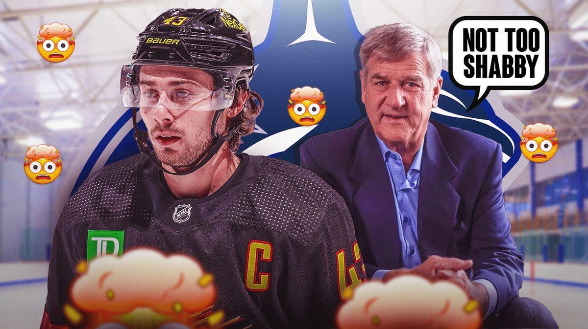 Quinn Hughes and Bobby Orr both in image, Orr with speech bubble: “Not too shabby” , a few mind blown emojis, VAN Canucks logo, hockey rink in background