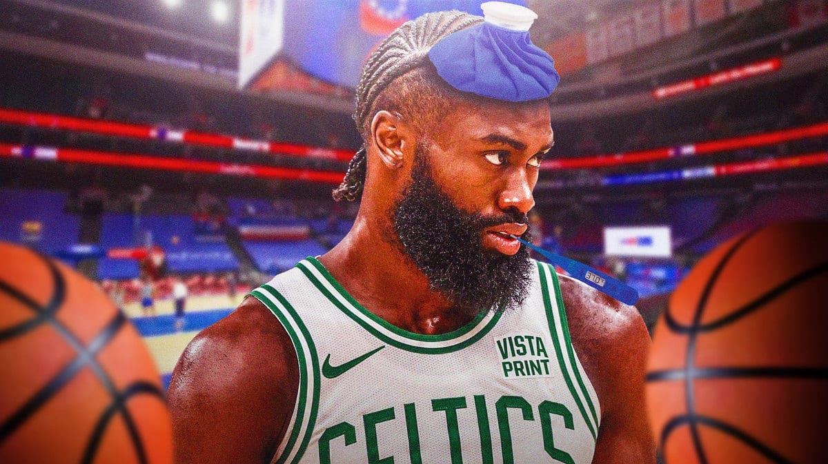 Celtics star Jaylen Brown with an ice pack on his head