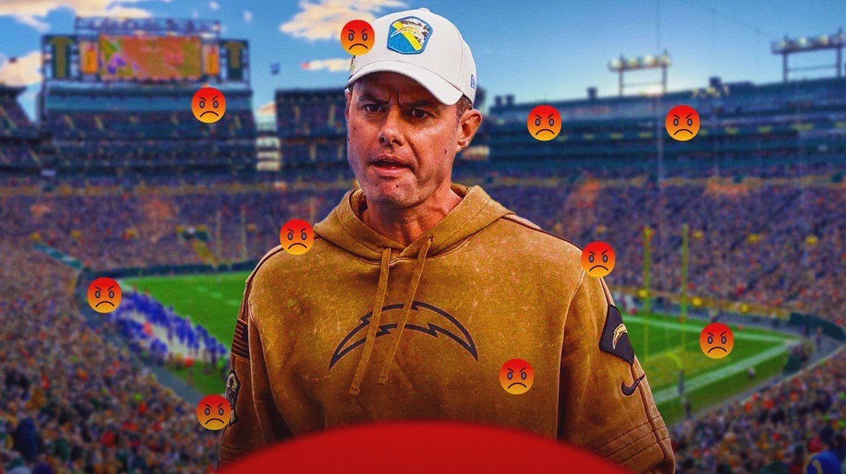 Brandon Staley with angry emojis, Lambeau Field as background