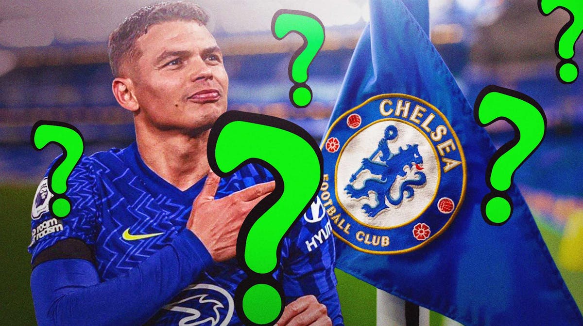 Thiago Silva in front of the Chelsea logo, questionmarks in the air