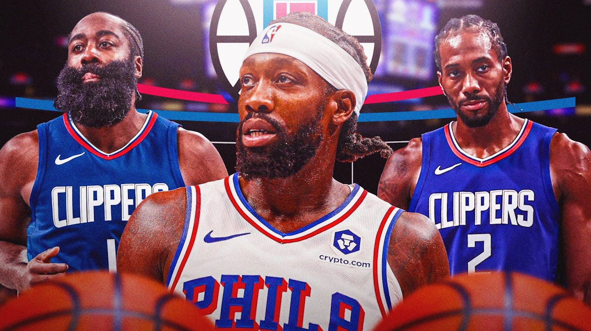 Philadephia 76ers guard Patrick Beverley with Los Angeles Clippers stars James Harden and Kawhi Leonard in front of Crypto.com Arena.
