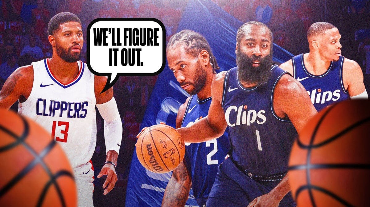 Paul George, James Harden, Kawhi Leonard, Russell Westbrook. Speech bubble for Paul George that says: We’ll figure it out.