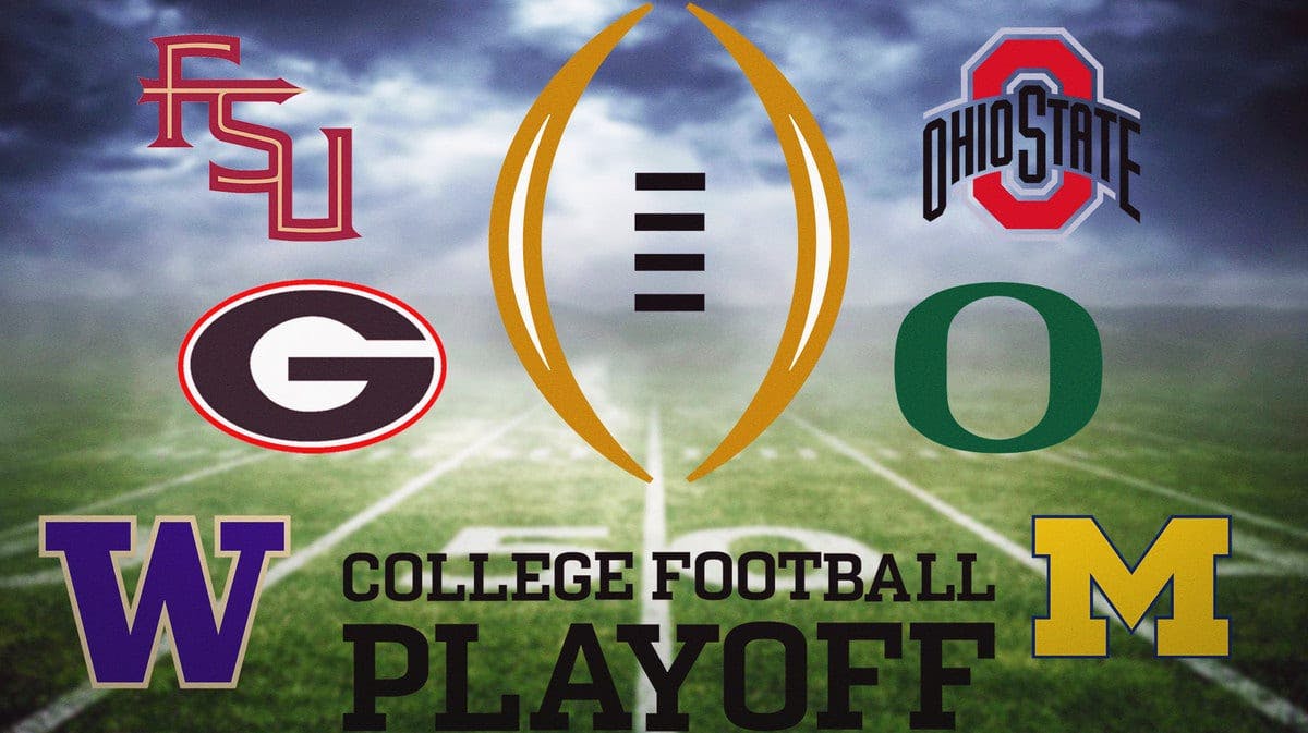 College football playoff logo with Georgia, Washington, Florida State, Ohio State, Oregon and Michigan