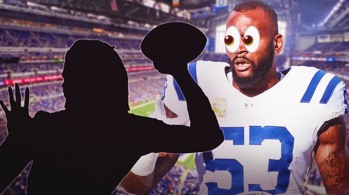 Colts' Shaquille Leonard with eyes emoji and looking at the silhouette of Ronnie Harrison Jr (action shot)