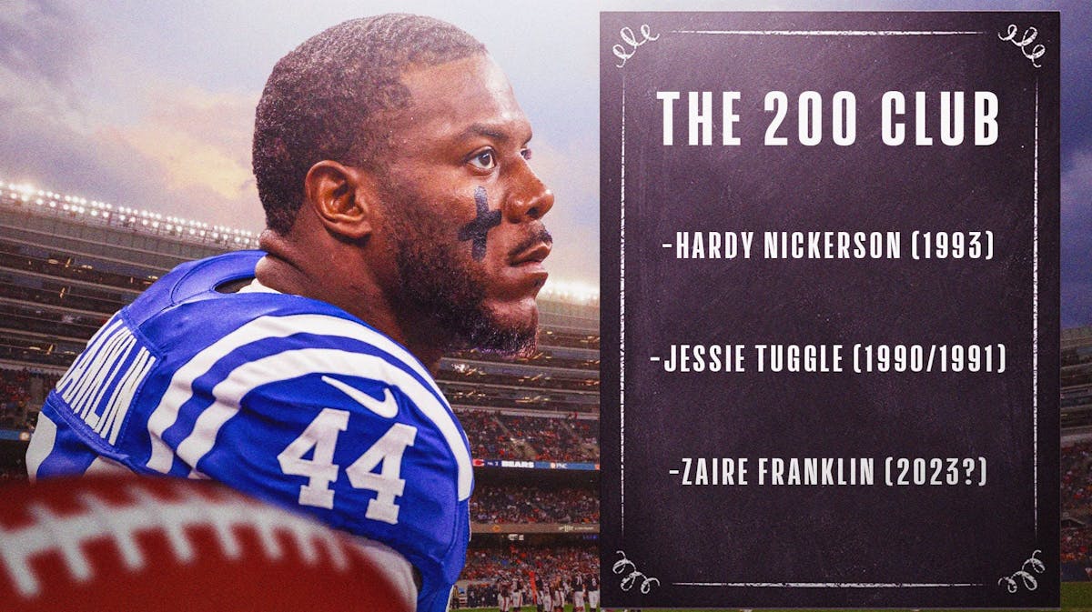 Indianapolis Colts linebacker Zaire Franklin staring at the list of names of players who have recorded 200+ tackles in a season