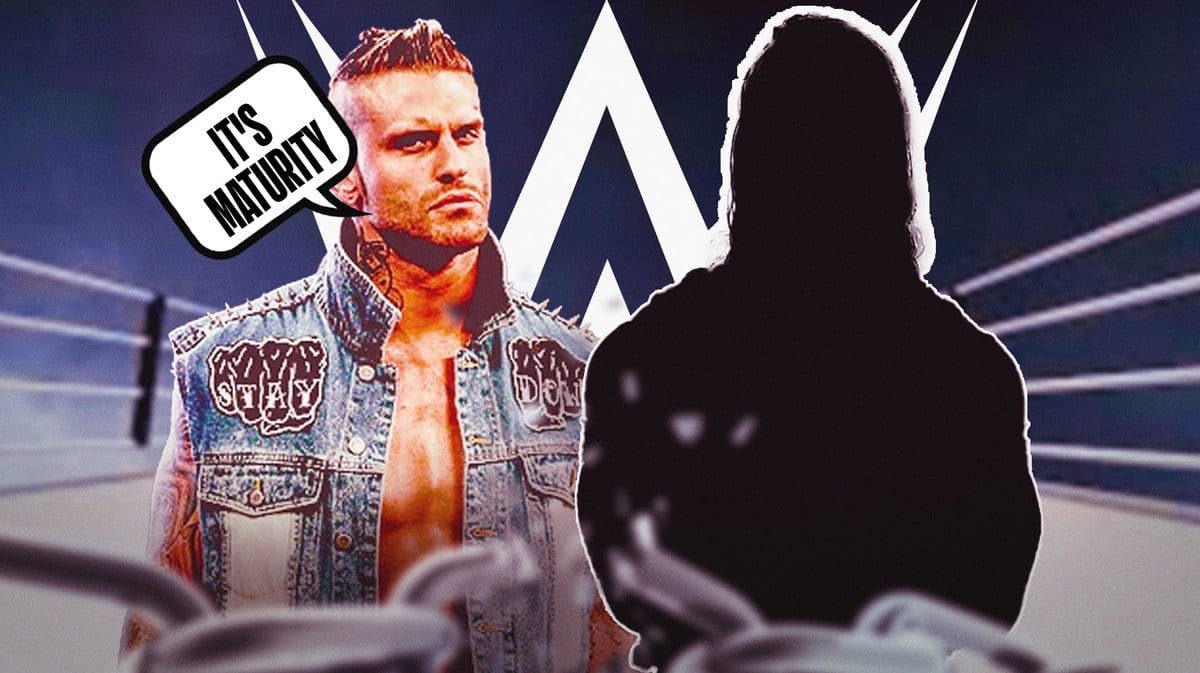 Corey Graves with a text bubble reading “It's maturity” next to the blacked-out silhouette of Seth Rollins with the WWE logo as the background.