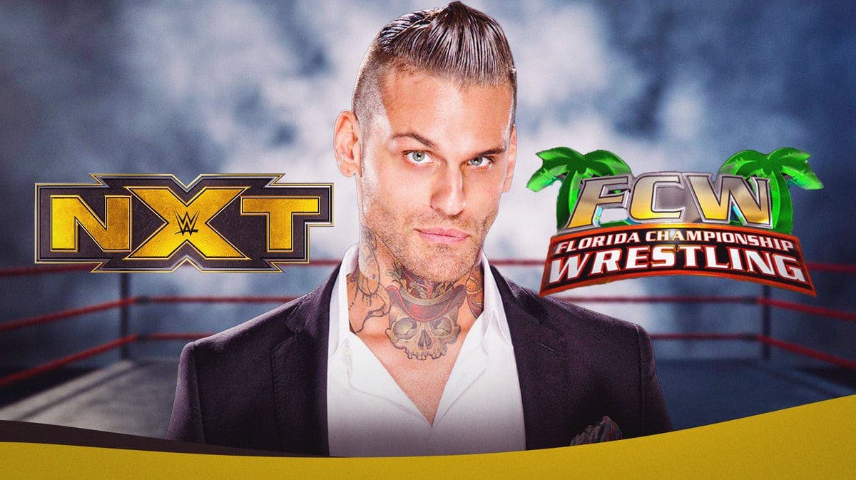 Corey Graves with the NXT logo on his left and the Florida Championship Wrestling logo on the right.