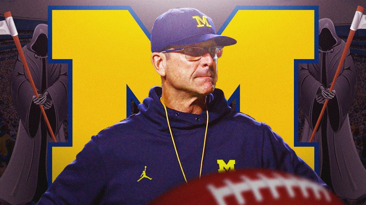 Michigan football head coach Jim Harbaugh and the grim reaper, signifying that a Death Penalty could be on the table