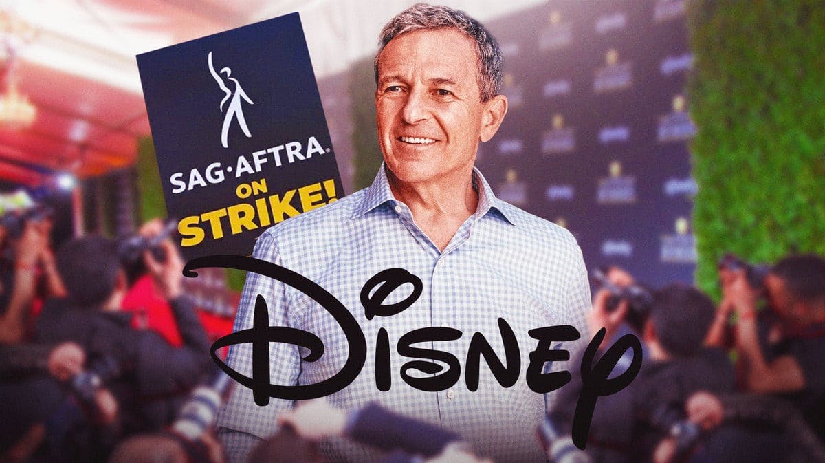 SAG-AFTRA strike picket signs, Disney logo, and Bob Iger.