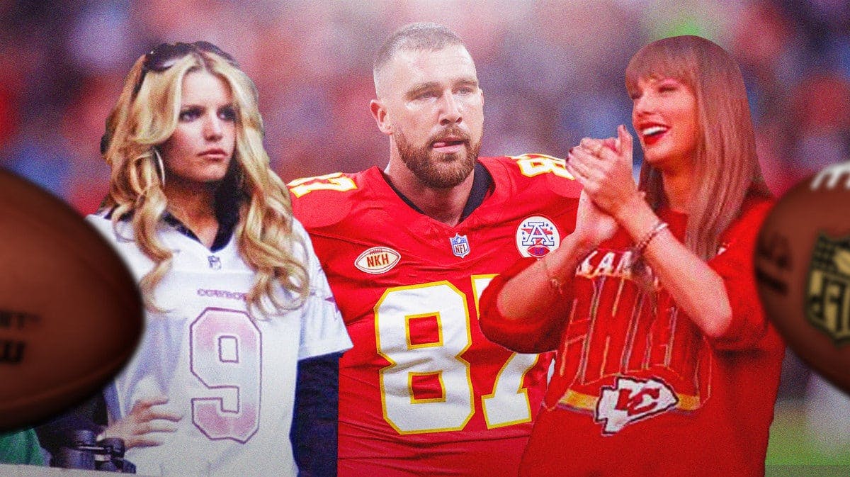 Jessica Simpson in a pink Tony Romo jersey, Taylor Swift cheering on Travis Kelce in a Kansas City Chiefs sweatshirt