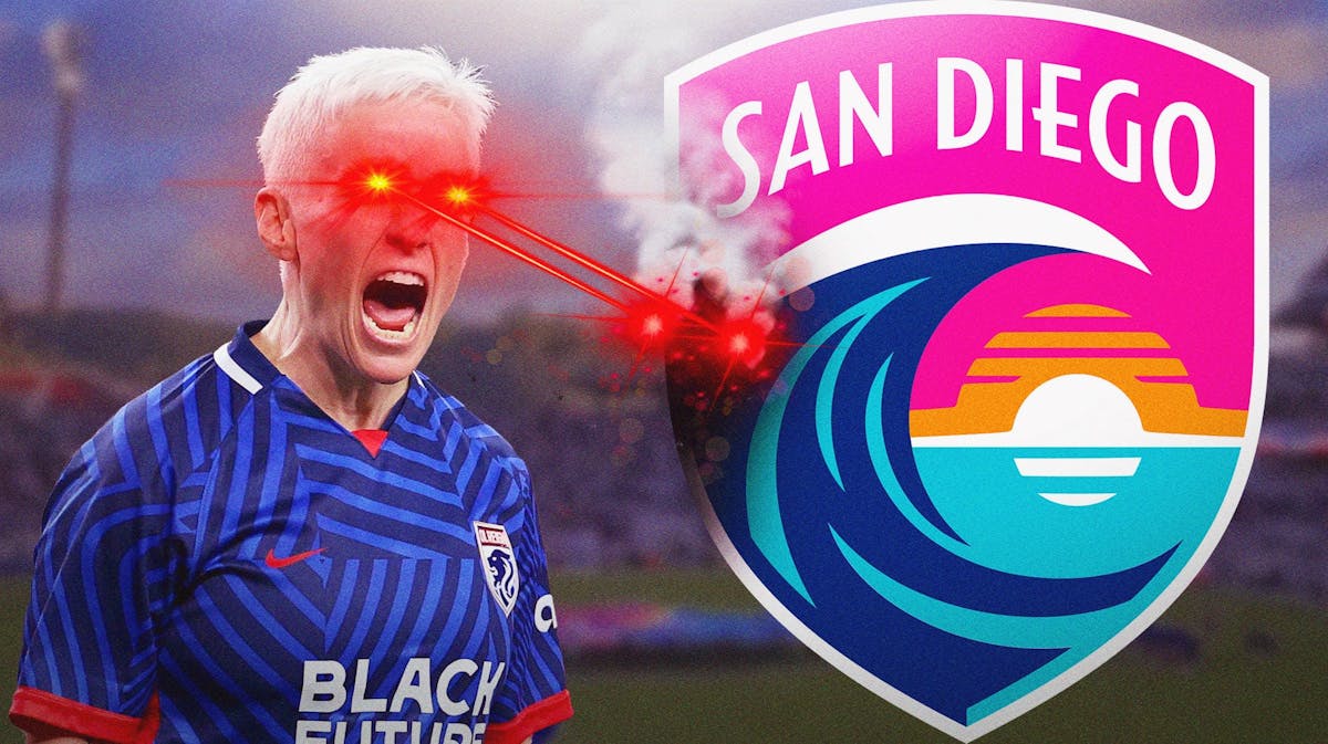 NWSL player Megan Rapinoe in her OL Reign uniform with red laser eyes “looking” at the San Diego Wave FC logo