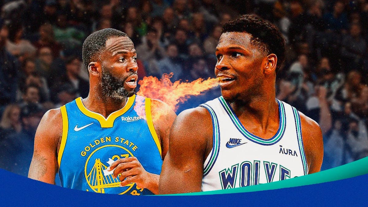 Timberwolves' Anthony Edwards breathing fire at Warriors' Draymond Green.