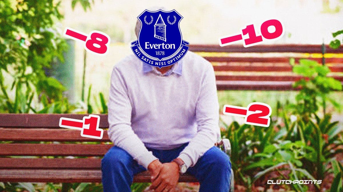 The Everton logo as a head of a person sitting alone on a bench, negative numbers around him in the air( Like -10, -1, -3)