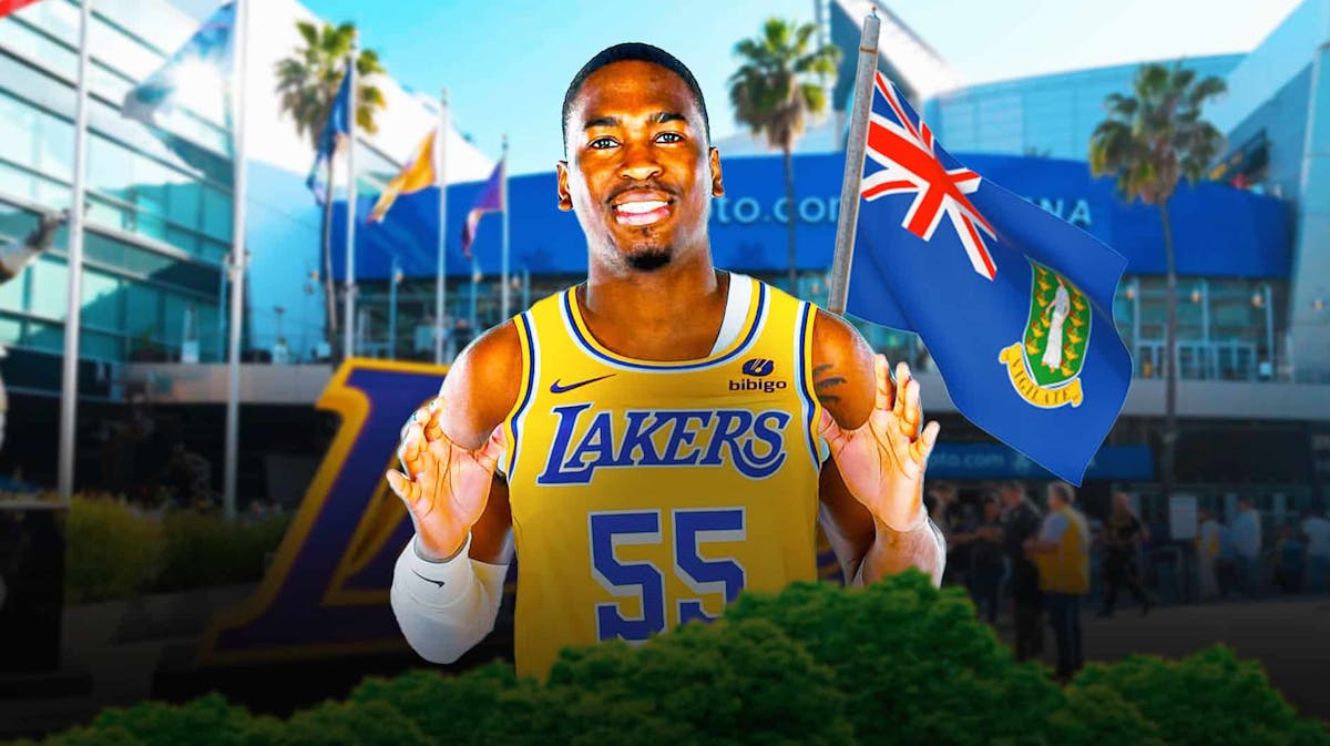 D’Moi Hodge in his Lakers jersey with the outside of Crypto.com Arena in the background; also include the British Virgin Islands flag in the back