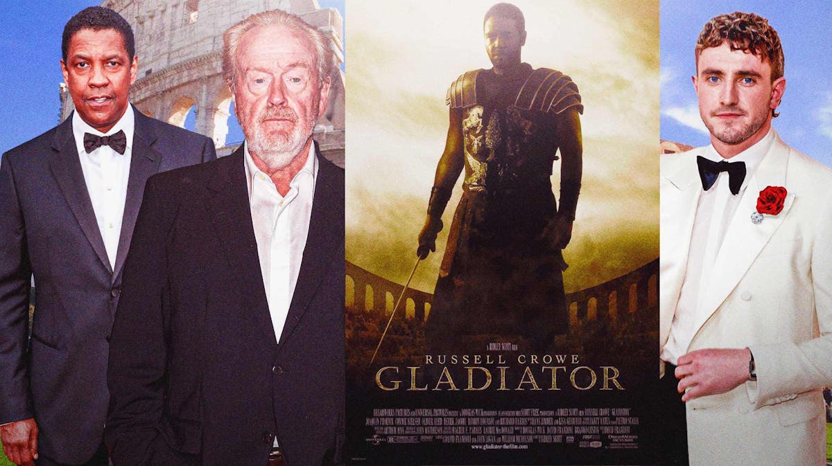 Denzel Washington, Ridley Scott, and Paul Mescal and the Gladiator poster in front of the coliseum.