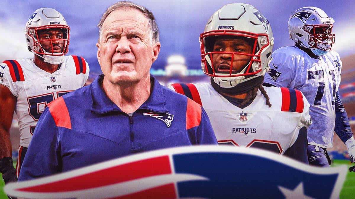 Bill Belichick with Kyle Dugger, Josh Uche and Michael Onwenu and the Patriots logo.