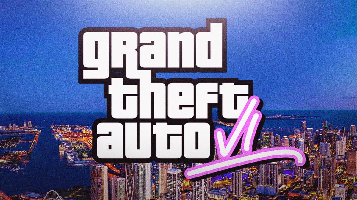 GTA 6 logo with the Miami skyline in the background