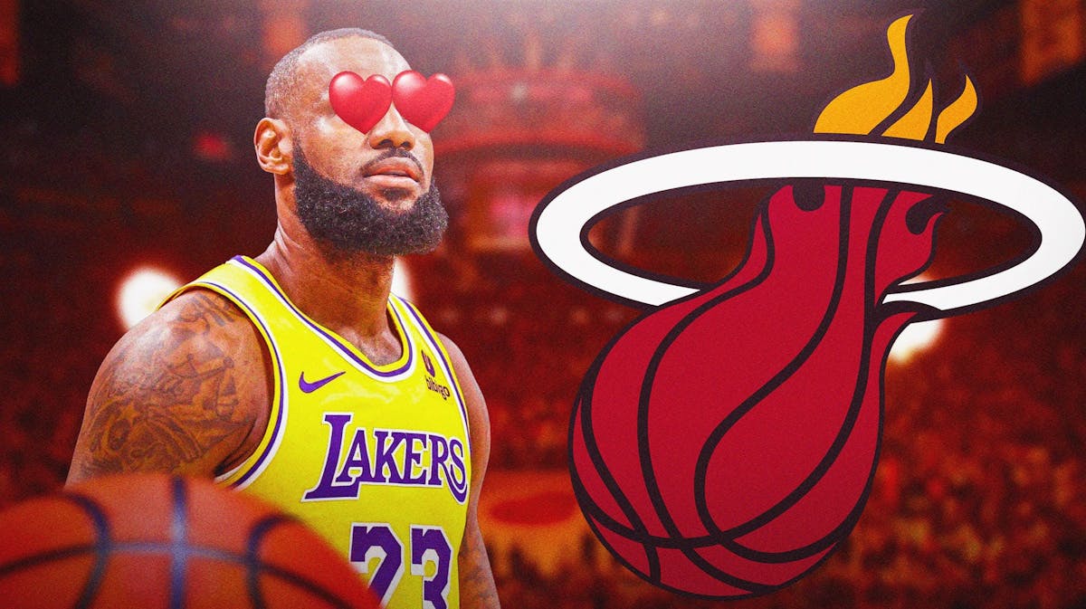 Lakers' LeBron James with hearts in his eyes looking at the Miami Heat logo