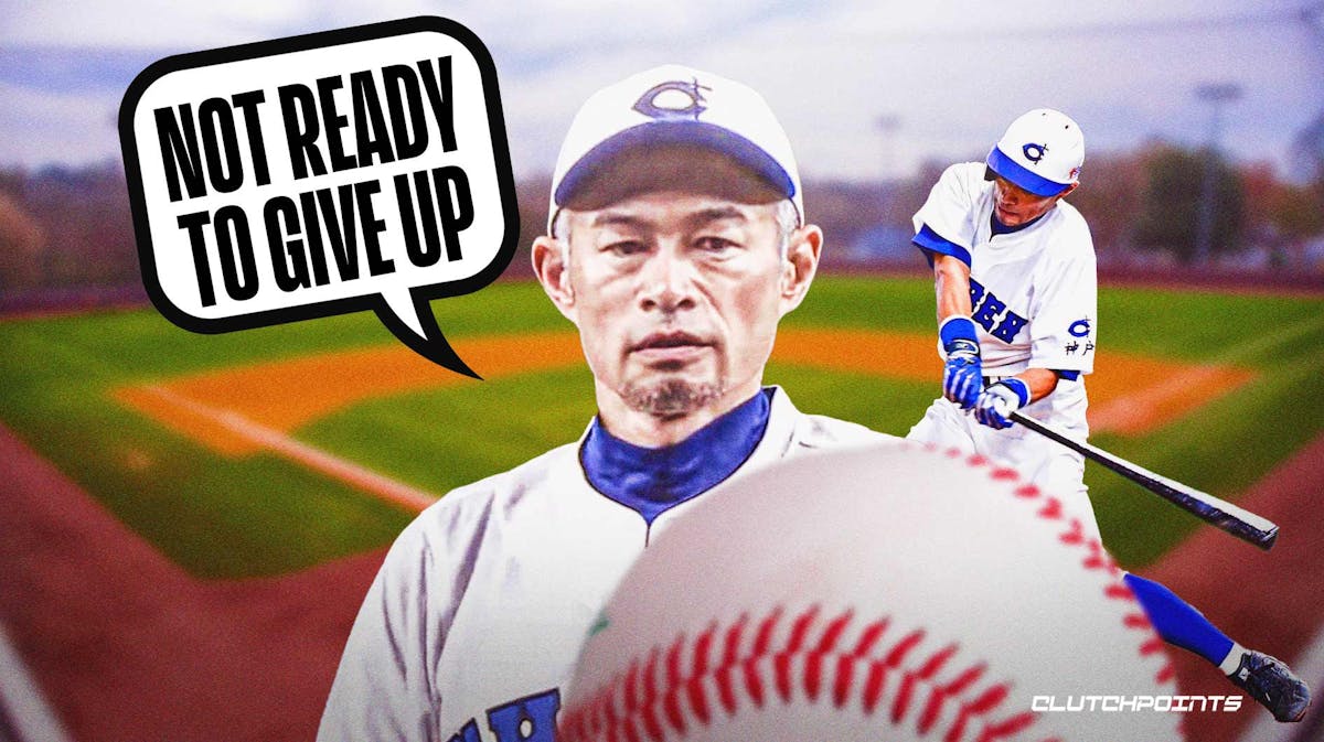 Ichiro Suzuki and speech bubble “Not Ready To Give Up” Please use image of Ichiro in his All-Star team’s uniform