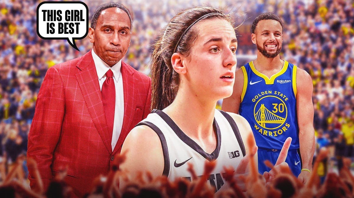Iowa woman’s basketball player Caitlin Clark in the center of the image, with the Warrior’s Stephen Curry on one side of Clark, and sports commentator Stephen A. Smith on the other side of Clark. Stephen A. Smith needs to have a text bubble that is saying “This girl is best”