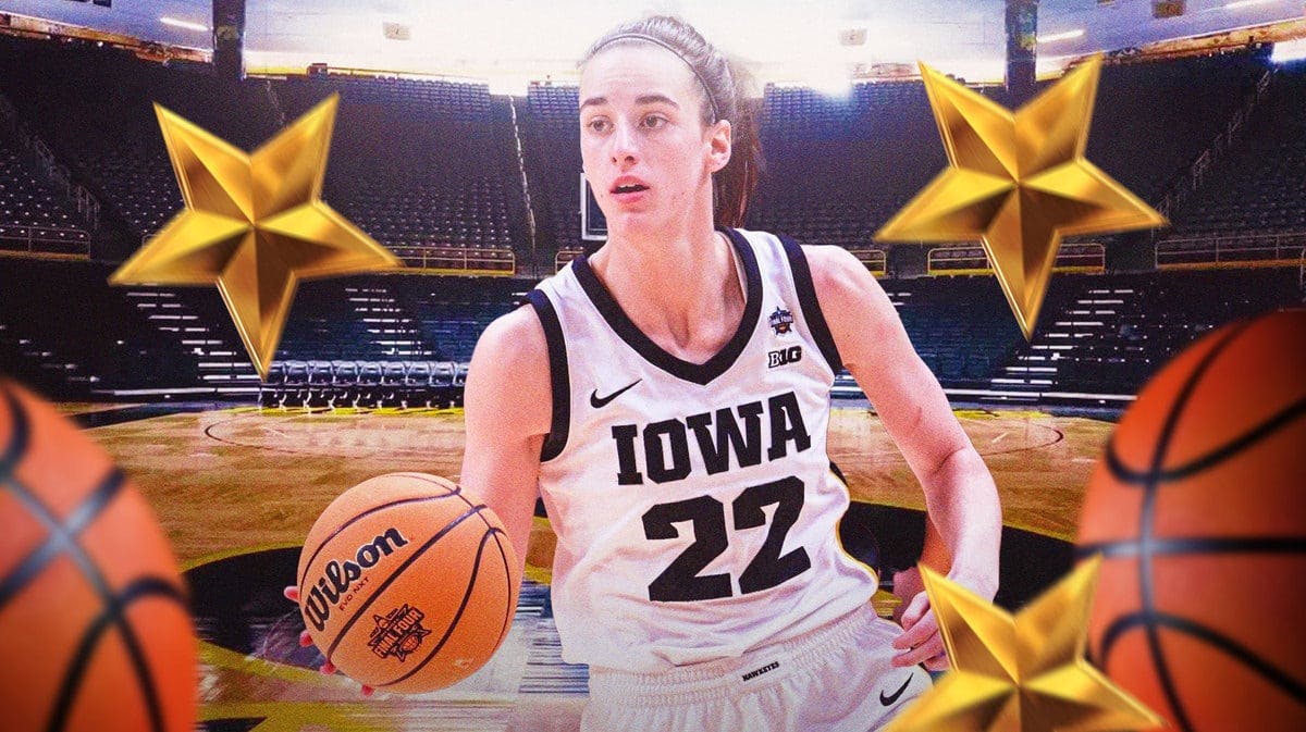 Action shot of Iowa women’s basketball player Caitlin Clark, with stars surrounding her, against the backdrop of Iowa’s basketball court