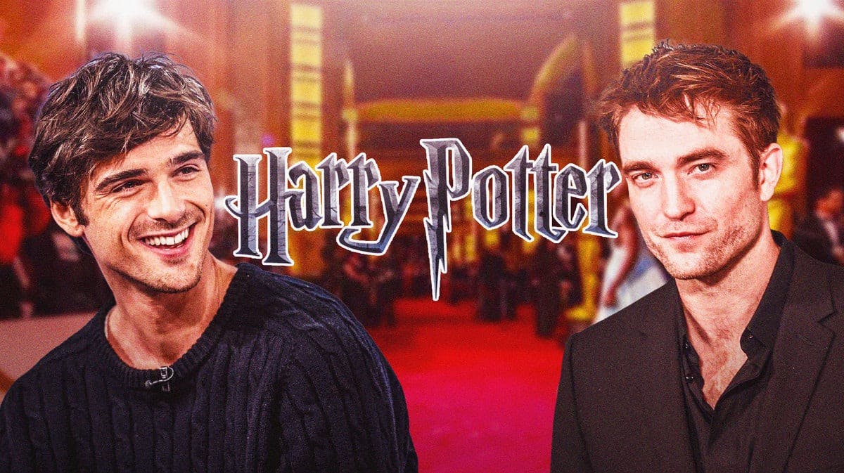 Jacob Elordi and Robert Pattinson outside of Harry Potter logo and red carpet background.