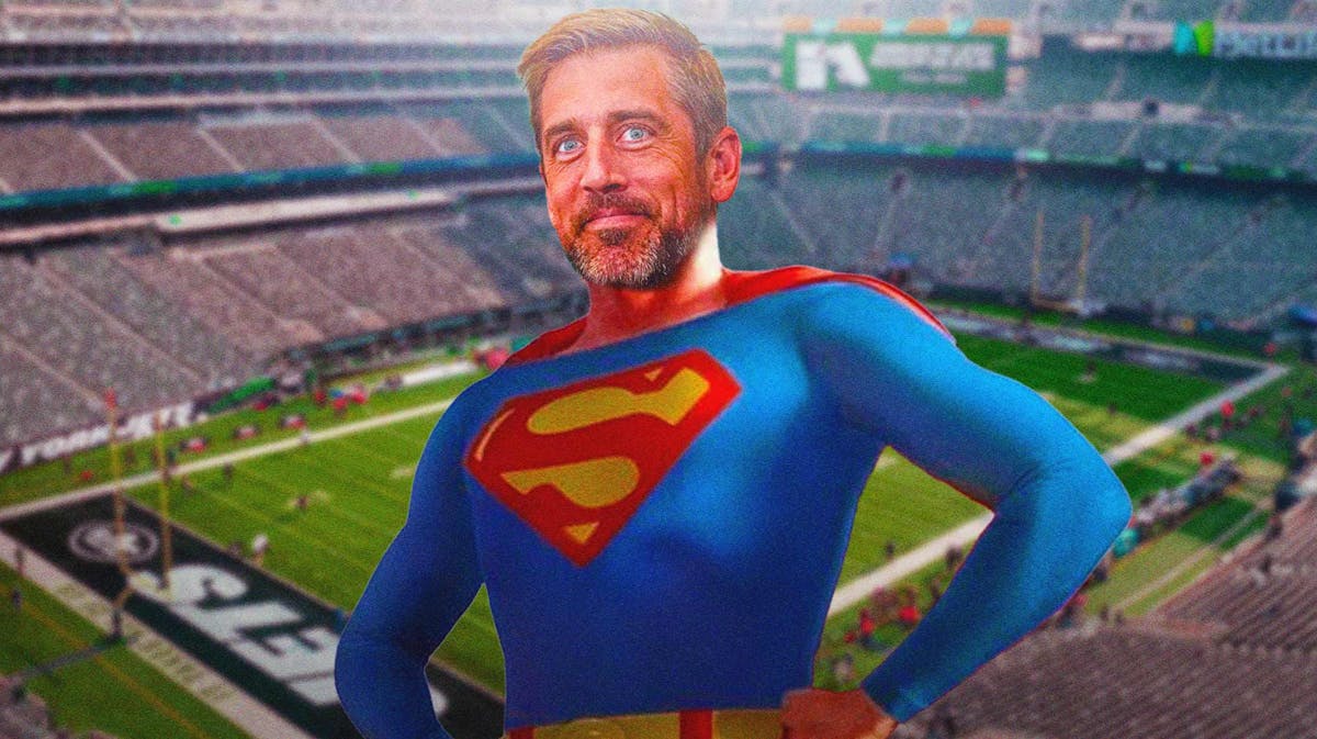Aaron Rodgers in a Superman outfit at Jets' stadium.