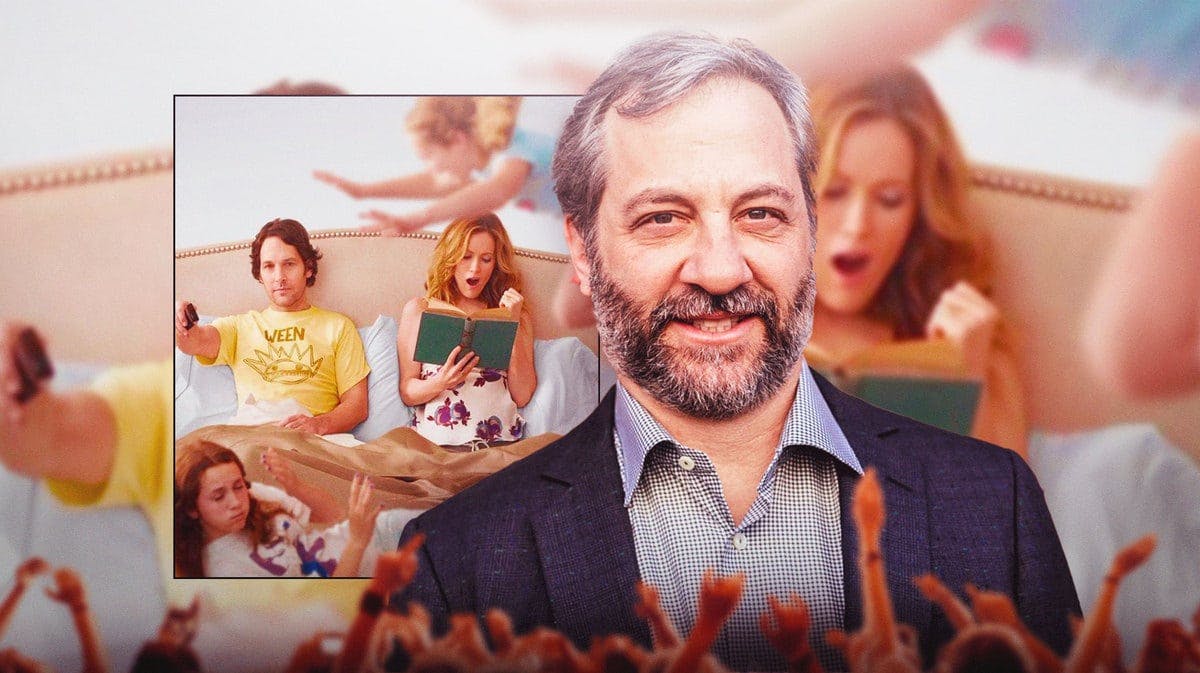 Filmmaker Judd Apatow in front of stills from his 2012 comedy This Is 40