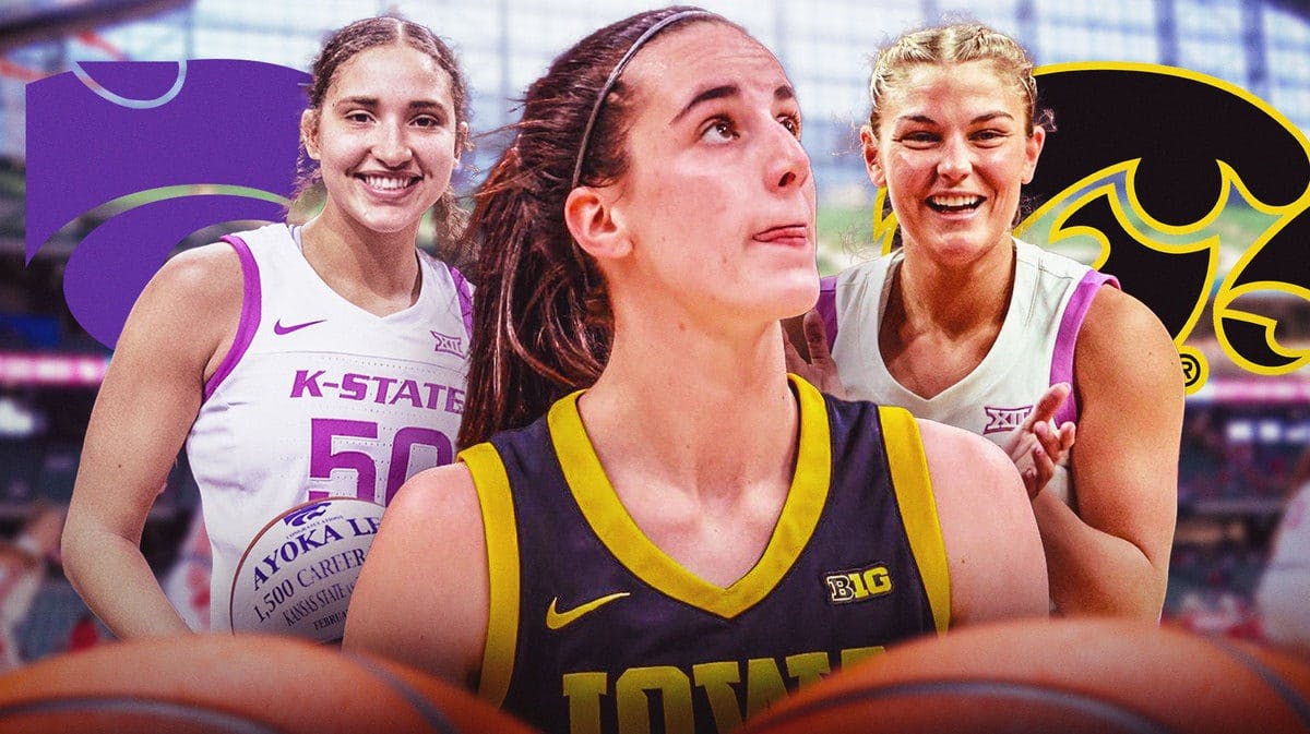 Gabby Gregory and Ayoka Lee on either side of image looking happy, Caitlin Clark in middle looking stern, Kansas State Wildcats and Iowa logos, basketball court in background