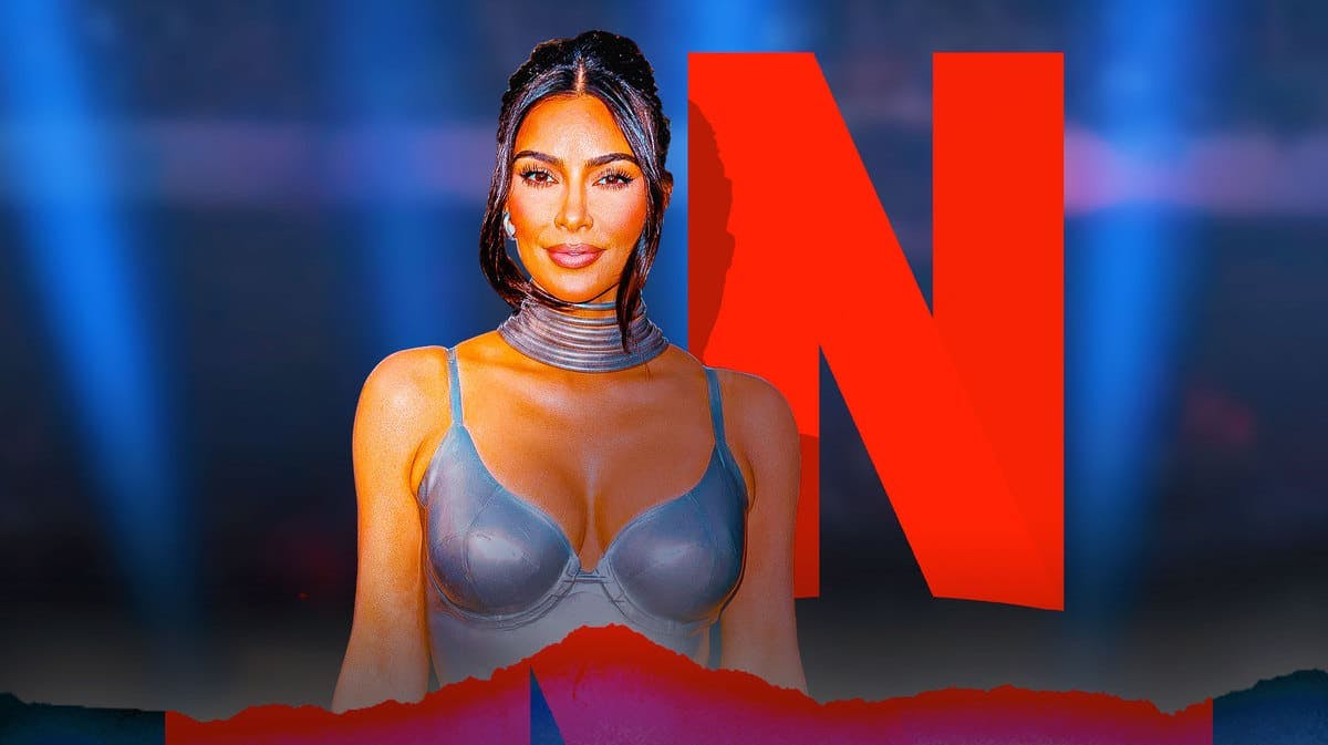 Kim Kardashian in front of a Netflix logo.