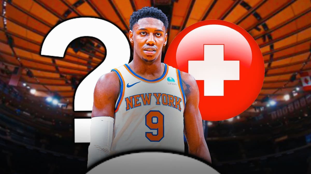 Knicks' RJ Barrett with red medical symbol and question mark