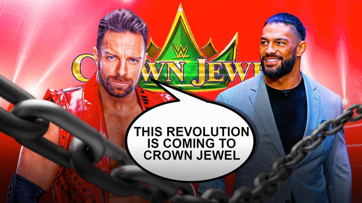 LA Knight with a text bubble reading “This revolution is coming to Crown Jewel” next to Roman Reigns with the WWE Crown Jewel logo as the background.