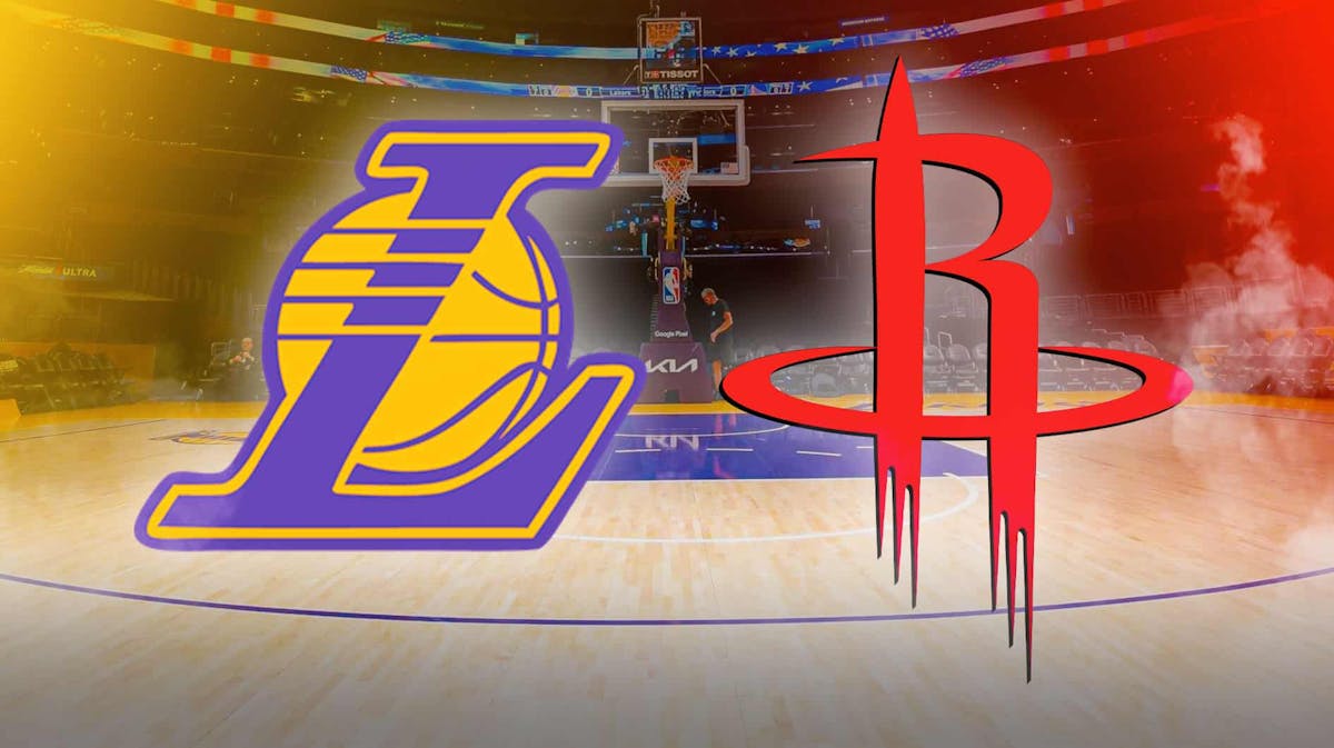 Los Angeles, Lakers, Houston, Rockets, Lakers fan, Lakers and Rockets logo with Lakers arena in the background