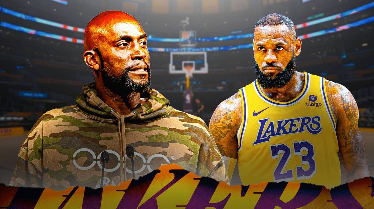 Los Angeles Lakers star LeBron James and former player Kevin Garnett in front of Crypto.com Arena.