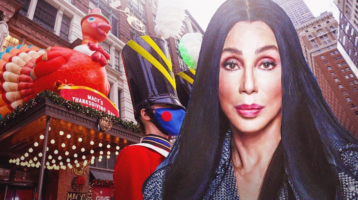 Cher with Macy's Thanksgiving Day Parade behind her.