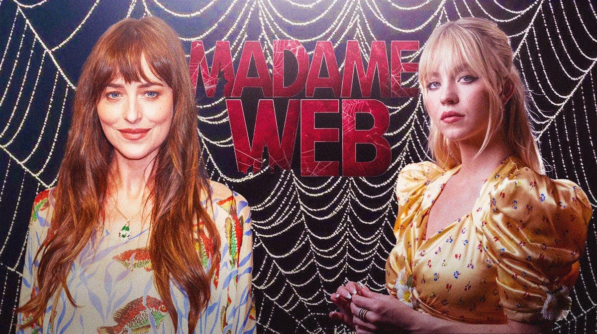 Dakota Johnson and Sydney Sweeney with Madame Web (Spider-Man spin-off) and spider web background.