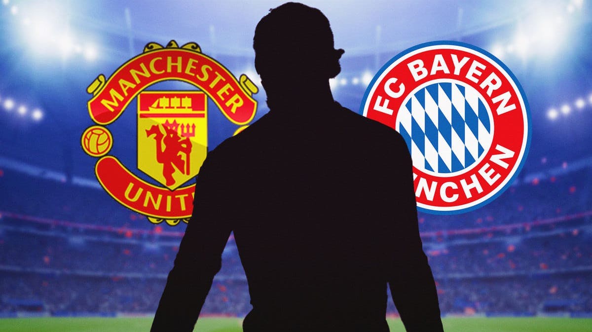 The silhouette of Leroy Sane in front of the Manchester City and Bayern Munich logos