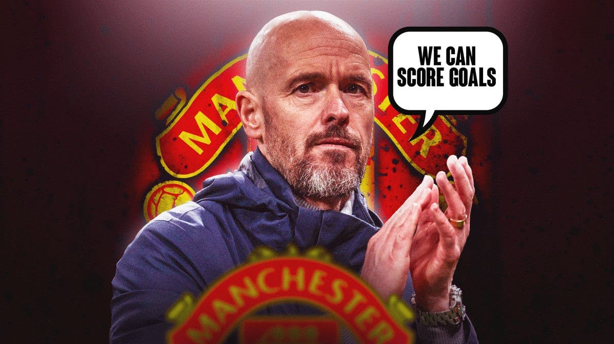 Erik ten Hag saying: 'We can score goals' in front of the Manchester United logo