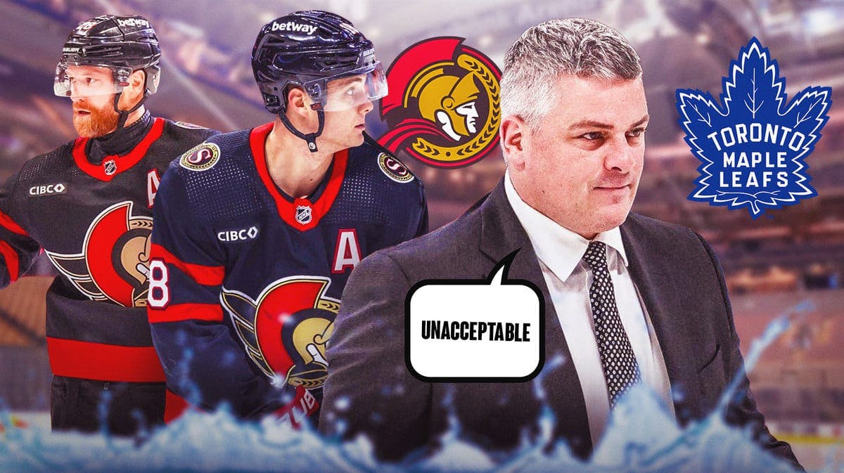 Sheldon Keefe in middle of image with speech bubble: “Unacceptable” , Claude Giroux and Tim Stutzle on either side looking happy, TOR Maple Leafs and OTT Senators logos, hockey rink