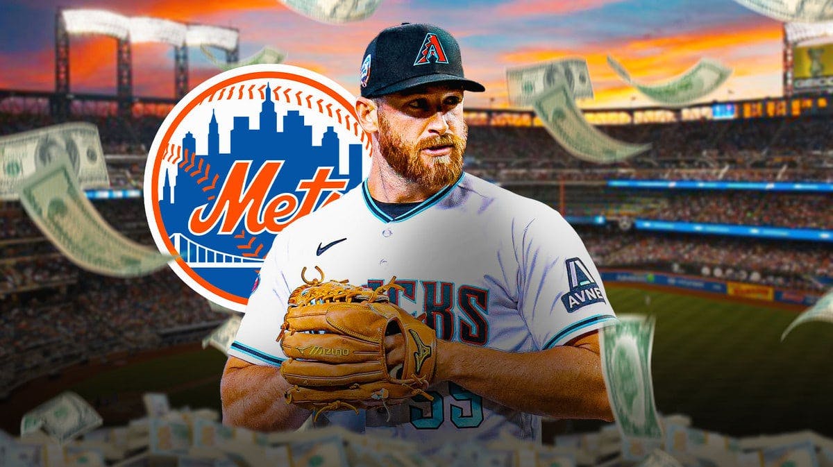 Diamondbacks Pitcher Austin Adams in front of the New York Mets logo with dollar bills around him