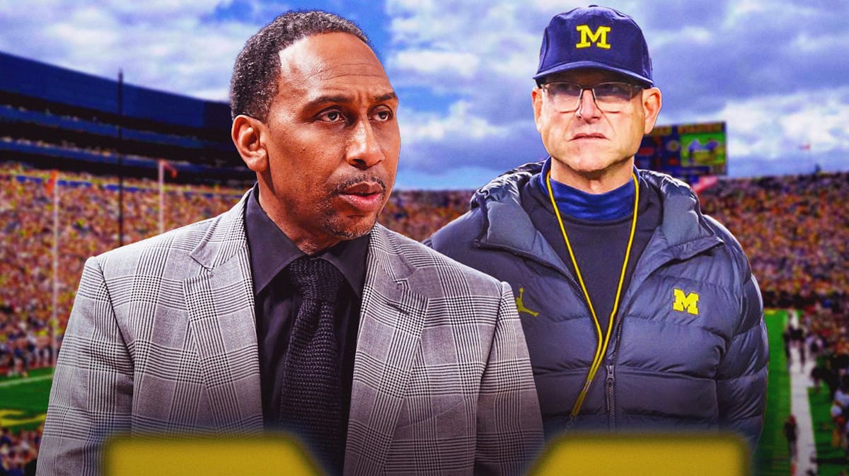 Michigan football, Wolverines, Michigan football investigation, Stephen A. Smith, Michigan football sign-stealing, Stephen A Smith and Jim Harbaugh with Michigan football stadium in the background