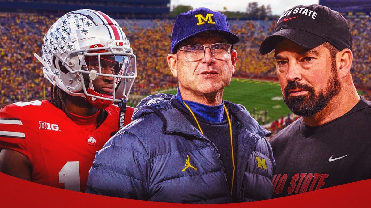 Michigan coach and JJ McCarthy mentor Jim Harbaugh with Ohio State Buckeyes Ryan Day and Marvin Harrison Jr