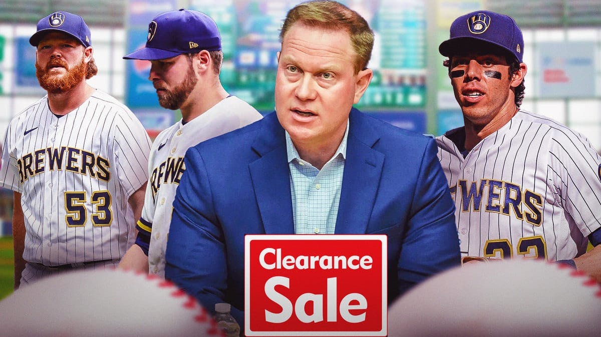 Brewers GM Matt Arnold holding a CLEARANCE SALE sign, with Corbin Burnes, Brandon Woodruff, and Christian Yelich all looking frustrated