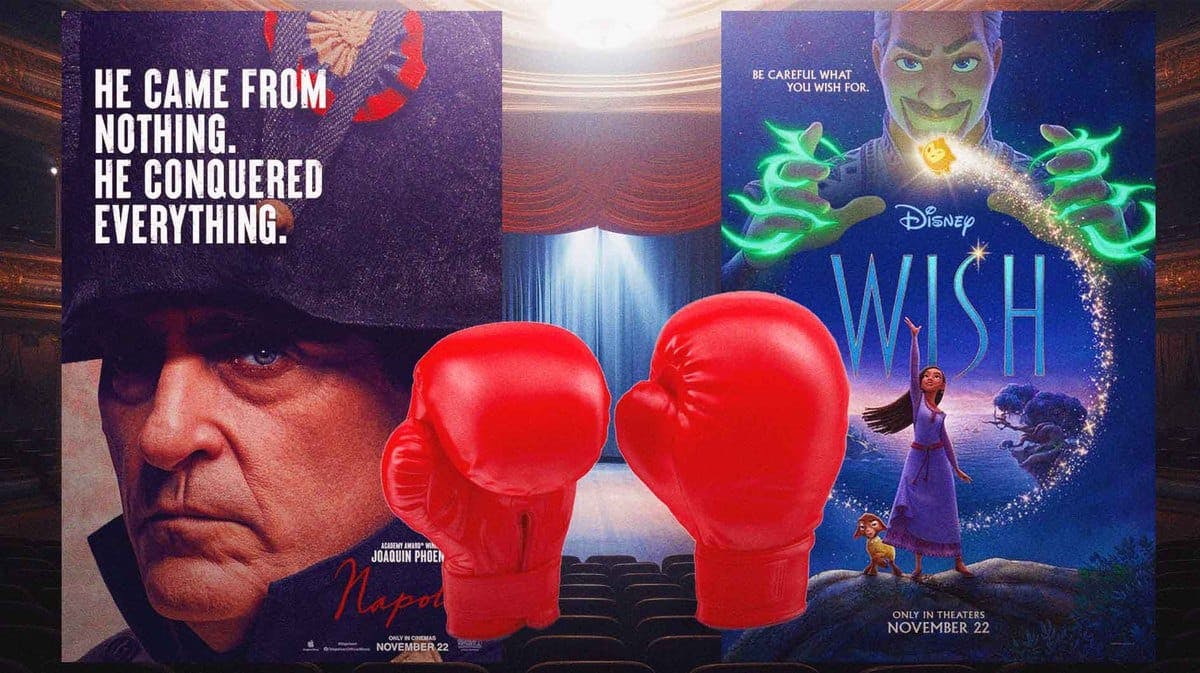 Movie posters from Napoleon and Wish with boxing gloves in the middle.