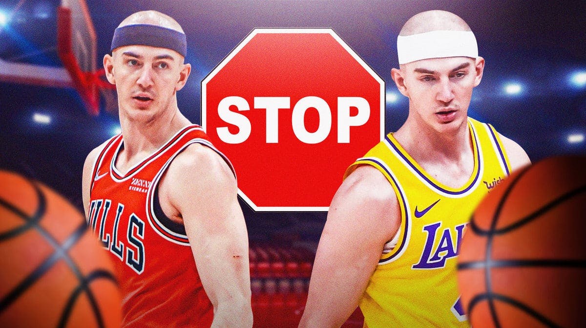 Alex Caruso in a Lakers jersey and a Bulls jersey. Place a stop sign somewhere in the image
